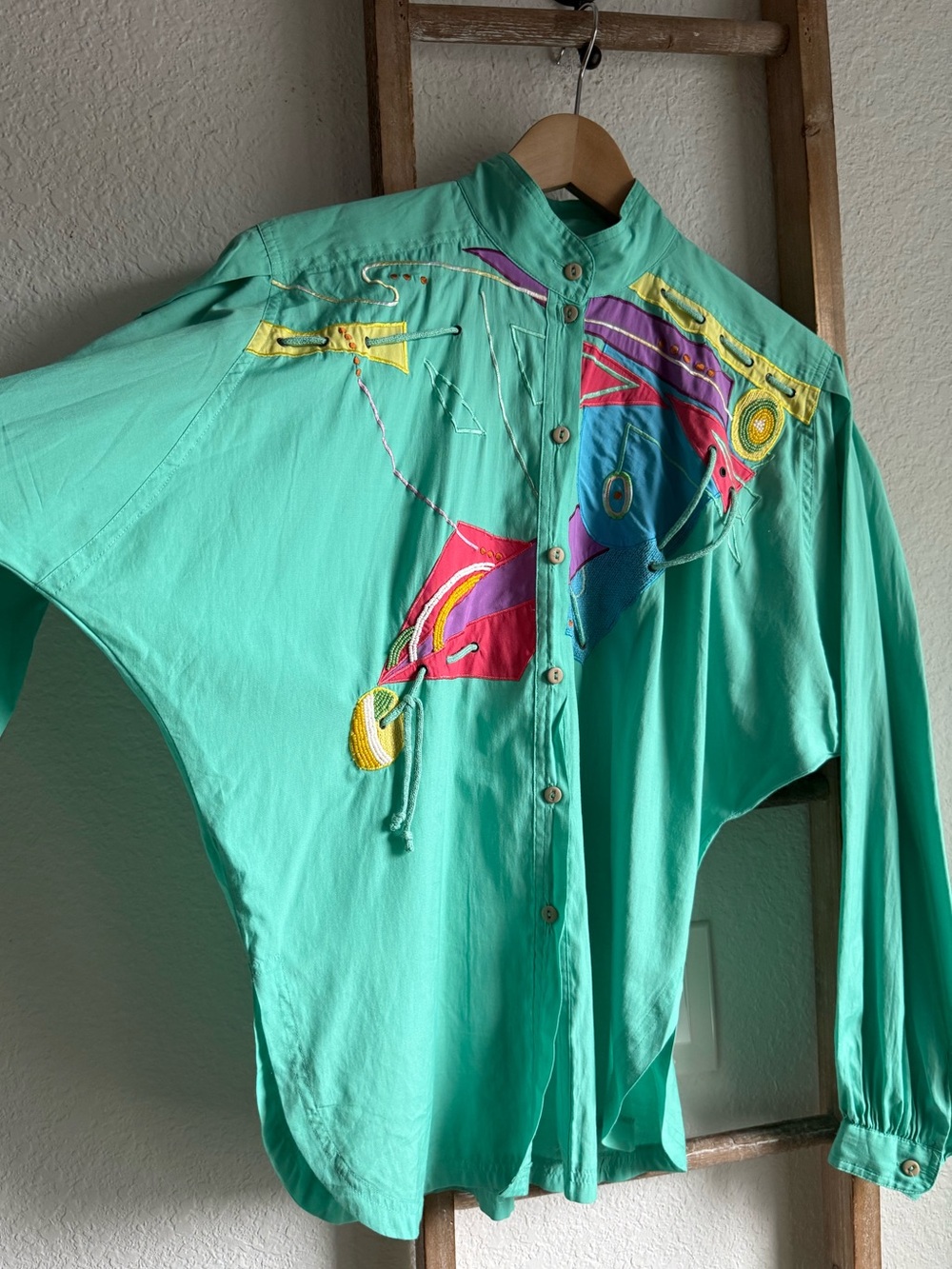 Marc D'Alcy Paris Mint Green Art-to-Wear Embellished Blouse Vintage ‘80’s Sz: 8 - Picture 6 of 10